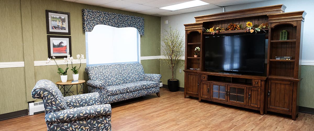 Common room with entertainment center, comfortable seating, and warm lighting at Embassy Oaks