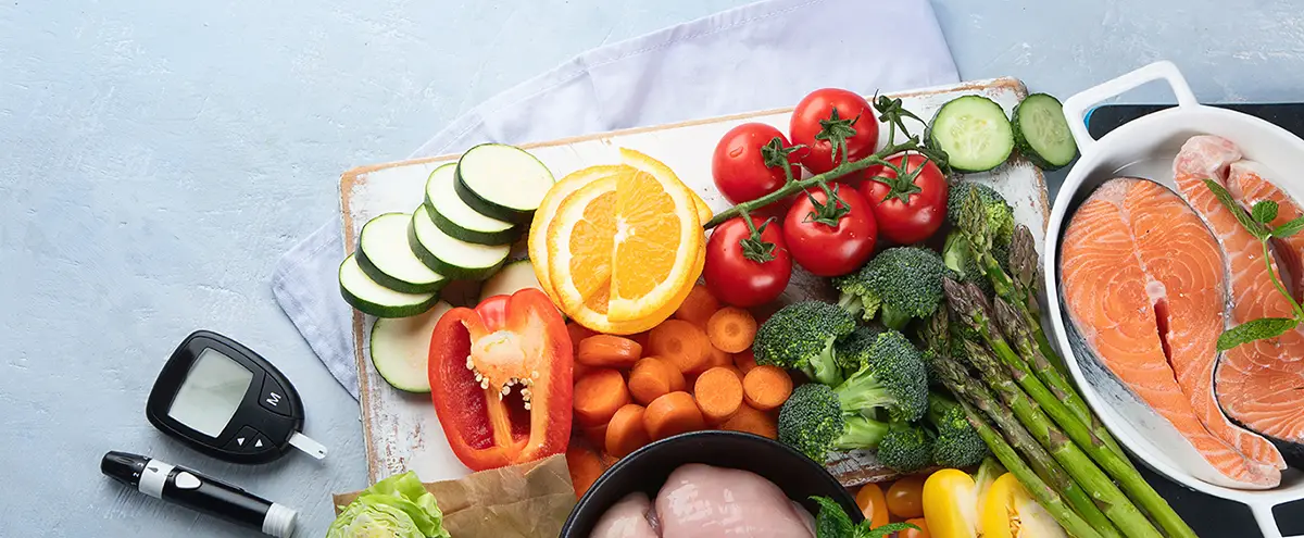 Fresh fruits and vegetables displayed as part of diabetes dietary planning