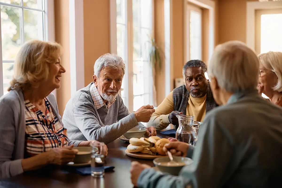 Seniors enjoying onsite dining options at an independent living community