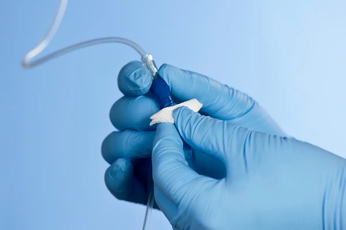 Close-up of IV therapy equipment safely administering medications and fluids