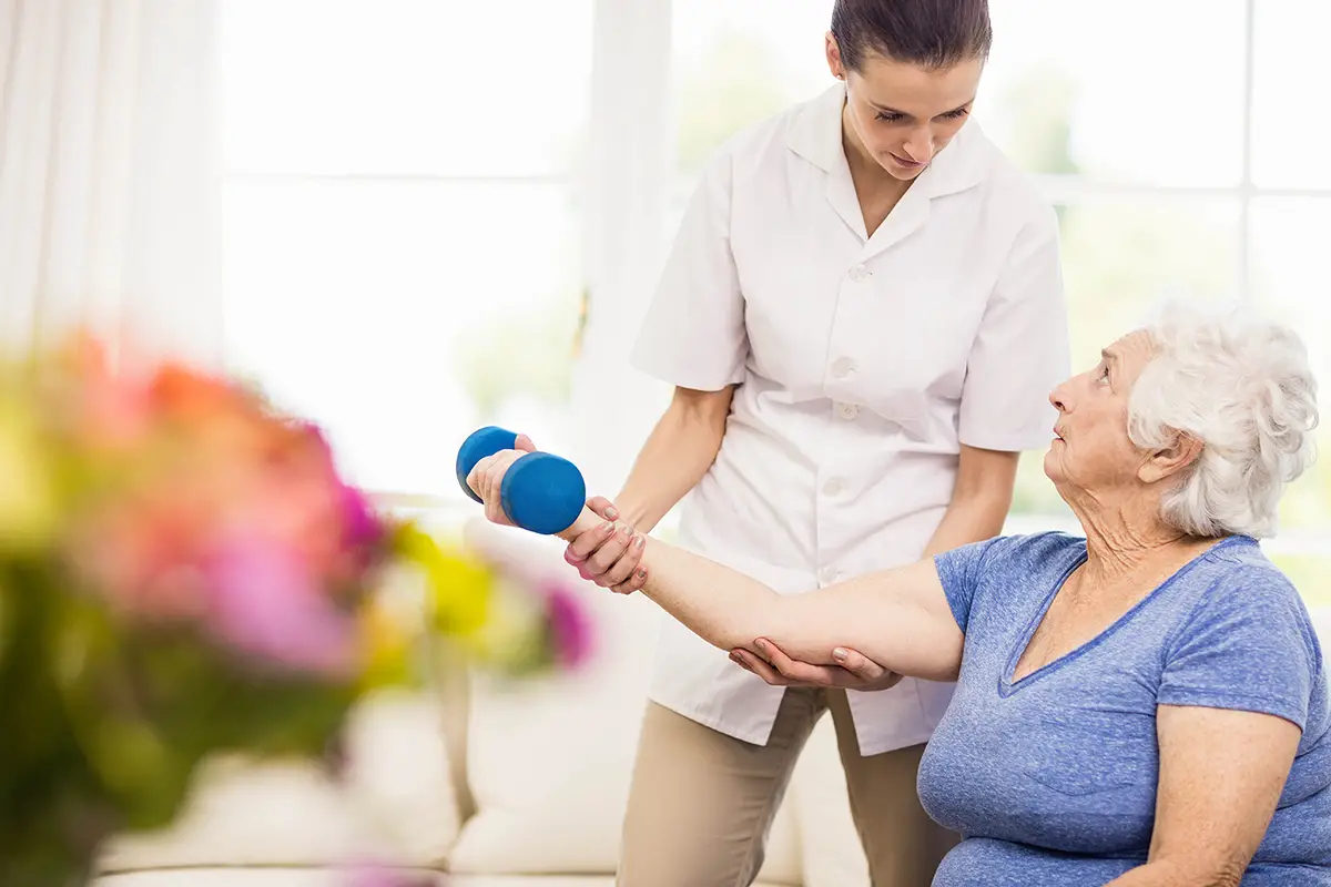 Patient using exercise equipment during rehabilitation and therapy sessions