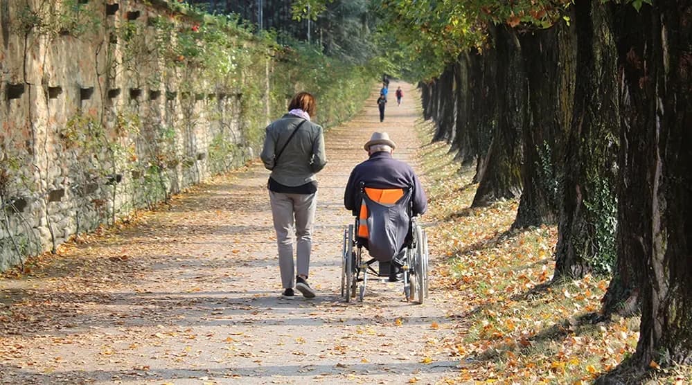 Two people walking together along a peaceful tree-lined path during respite care